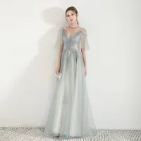 Eleganta Grön Aftonklänningar 2019 Prinsessa Spaghettiband Appliqués Spets Beading Långa Ruffle Halterneck Formella Klänningar
