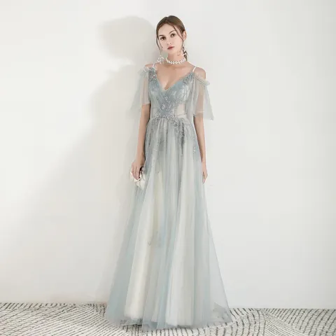 Elegantes Verde Vestidos de noche 2019 A-Line / Princess Spaghetti Straps Apliques Con Encaje Rebordear Largos Ruffle Sin Espalda Vestidos Formales