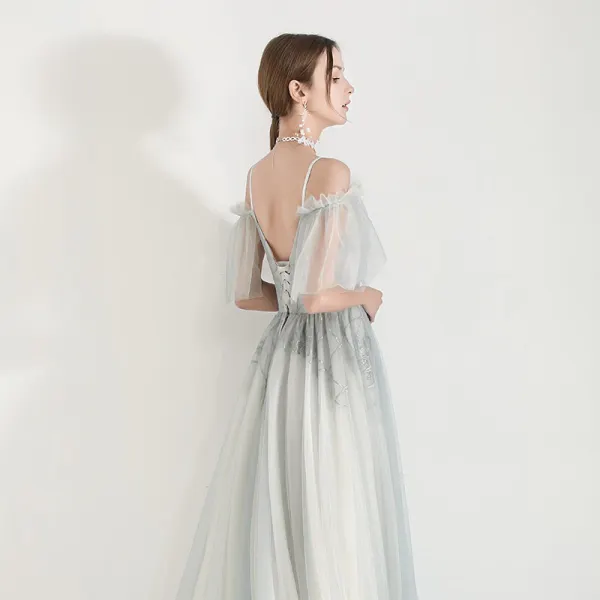 Élégant Vert Robe De Soirée 2019 Princesse Bretelles Spaghetti Appliques En Dentelle Perlage Longue Volants Dos Nu Robe De Ceremonie