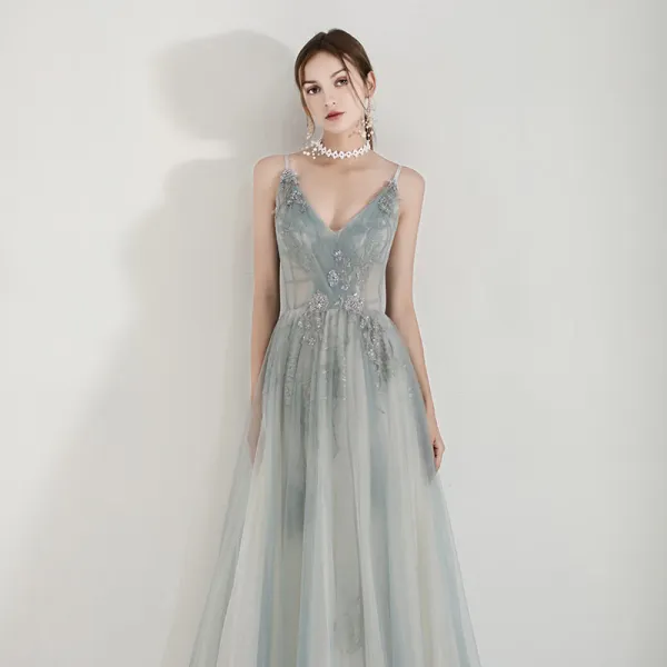 Élégant Vert Robe De Soirée 2019 Princesse Bretelles Spaghetti Appliques En Dentelle Perlage Longue Volants Dos Nu Robe De Ceremonie