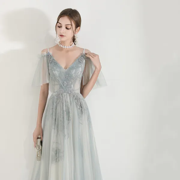 Élégant Vert Robe De Soirée 2019 Princesse Bretelles Spaghetti Appliques En Dentelle Perlage Longue Volants Dos Nu Robe De Ceremonie
