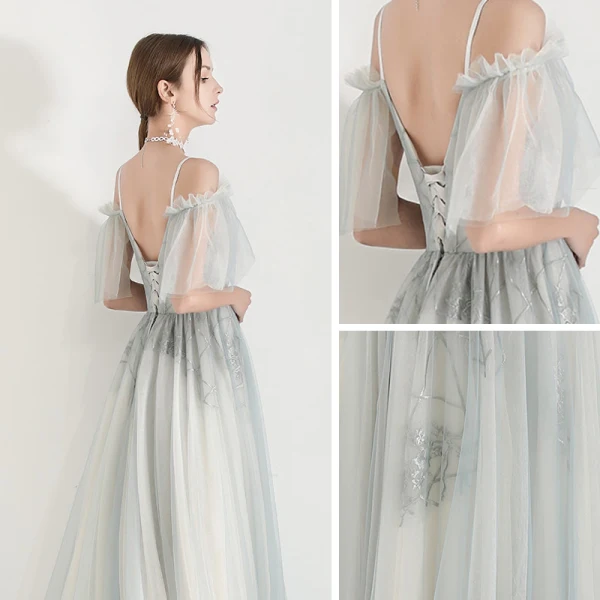 Élégant Vert Robe De Soirée 2019 Princesse Bretelles Spaghetti Appliques En Dentelle Perlage Longue Volants Dos Nu Robe De Ceremonie