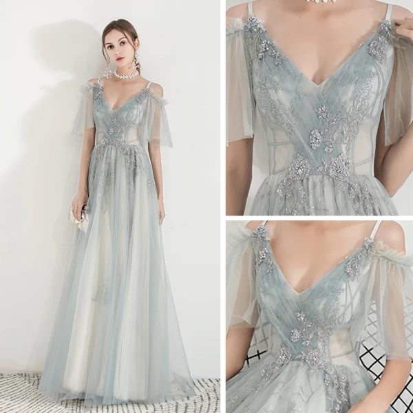 Élégant Vert Robe De Soirée 2019 Princesse Bretelles Spaghetti Appliques En Dentelle Perlage Longue Volants Dos Nu Robe De Ceremonie