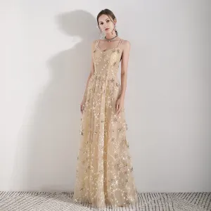 Romantique Champagne Robe De Soirée 2019 Princesse Bretelles Spaghetti Sans Manches Glitter Paillettes Étoile Brodé Longue Volants Dos Nu Robe De Ceremonie