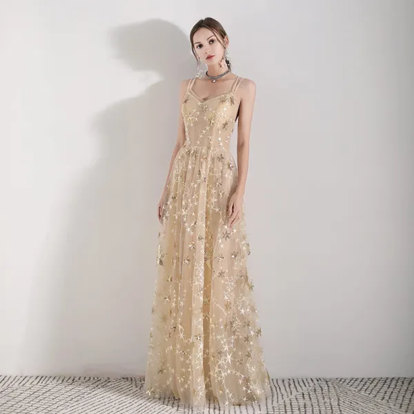 Romantic Champagne Evening Dresses 2019 A-Line Princess Spaghetti Straps Sleeveless