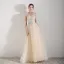 Chic / Beautiful Champagne Evening Dresses  2019 A-Line / Princess Shoulders Sleeveless Appliques Lace Beading Floor-Length / Long Ruffle Backless Formal Dresses