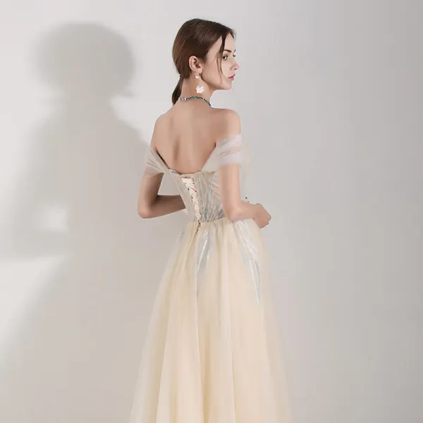 Chic / Beautiful Champagne Evening Dresses 2019 A-Line / Princess Shoulders Sleeveless Appliques Lace Beading Floor-Length / Long Ruffle Backless Formal Dresses