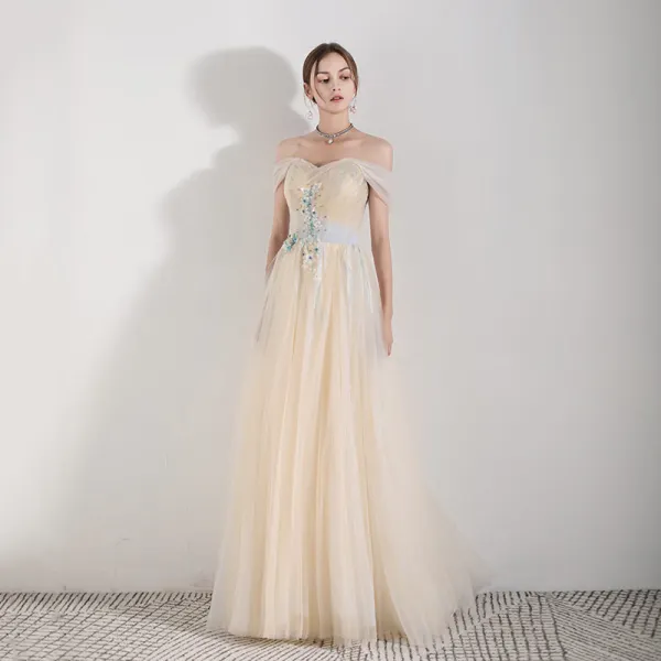Chic / Beautiful Champagne Evening Dresses 2019 A-Line / Princess Shoulders Sleeveless Appliques Lace Beading Floor-Length / Long Ruffle Backless Formal Dresses