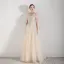 Chic / Beautiful Champagne Evening Dresses  2019 A-Line / Princess Shoulders Sleeveless Appliques Lace Beading Floor-Length / Long Ruffle Backless Formal Dresses