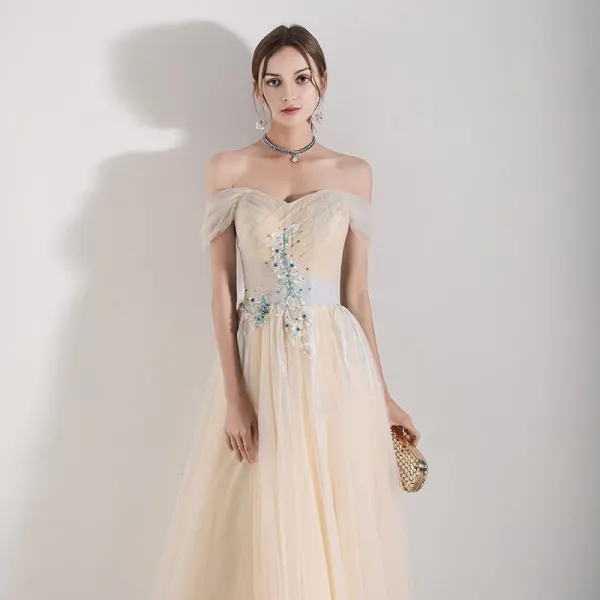 Chic / Beautiful Champagne Evening Dresses 2019 A-Line / Princess Shoulders Sleeveless Appliques Lace Beading Floor-Length / Long Ruffle Backless Formal Dresses