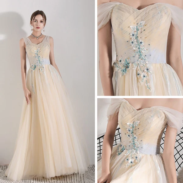 Chic / Beautiful Champagne Evening Dresses 2019 A-Line / Princess Shoulders Sleeveless Appliques Lace Beading Floor-Length / Long Ruffle Backless Formal Dresses