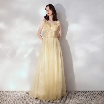 Chic Beautiful Gold Evening Dresses 2019 A Line Princess Spaghetti Straps Sleeveless Glitter Tulle Sweep Train Ruffle Backless Formal Dresses
