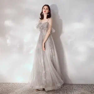 Illusion Grey Evening Dresses 2019 A Line Princess Spaghetti Straps Sleeveless Beading Glitter Tulle Sweep Train Ruffle Backless Formal Dresses