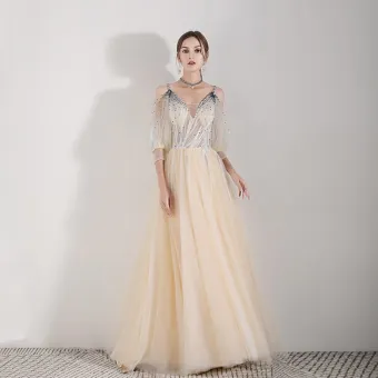 Illusjon Champagne Selskapskjoler 2019 Prinsesse Spaghettistropper Puffy 3 4 Ermer Appliques Blonder Beading Lange Buste Ryggløse Formelle Kjoler