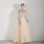 Illusion Champagne Robe De Soirée 2019 Princesse Bretelles Spaghetti Gonflée 3/4 Manches Appliques En Dentelle Perlage Longue Volants Dos Nu Robe De Ceremonie