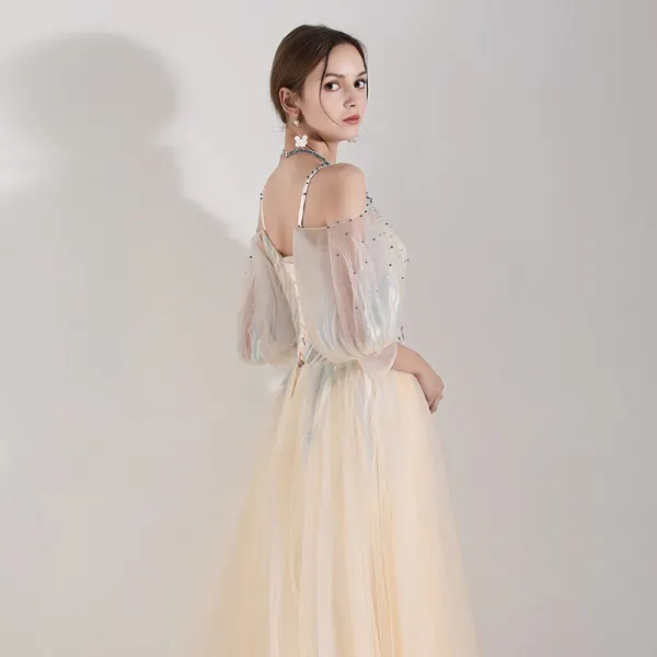 Illusion Champagne Robe De Soirée 2019 Princesse Bretelles Spaghetti Gonflée 3/4 Manches Appliques En Dentelle Perlage Longue Volants Dos Nu Robe De Ceremonie