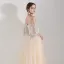 Illusion Champagne Robe De Soirée 2019 Princesse Bretelles Spaghetti Gonflée 3/4 Manches Appliques En Dentelle Perlage Longue Volants Dos Nu Robe De Ceremonie