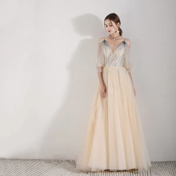 Illusion Champagne Robe De Soirée 2019 Princesse Bretelles Spaghetti Gonflée 3/4 Manches Appliques En Dentelle Perlage Longue Volants Dos Nu Robe De Ceremonie