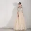 Illusion Champagne Robe De Soirée 2019 Princesse Bretelles Spaghetti Gonflée 3/4 Manches Appliques En Dentelle Perlage Longue Volants Dos Nu Robe De Ceremonie
