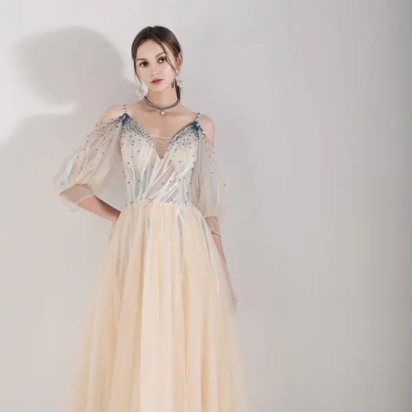 Illusion Champagne Robe De Soirée 2019 Princesse Bretelles Spaghetti Gonflée 3/4 Manches Appliques En Dentelle Perlage Longue Volants Dos Nu Robe De Ceremonie