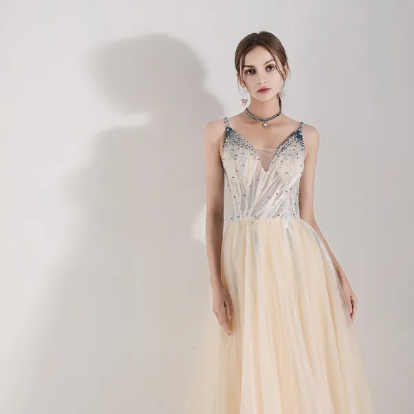 Illusion Champagne Robe De Soirée 2019 Princesse Bretelles Spaghetti Gonflée 3/4 Manches Appliques En Dentelle Perlage Longue Volants Dos Nu Robe De Ceremonie