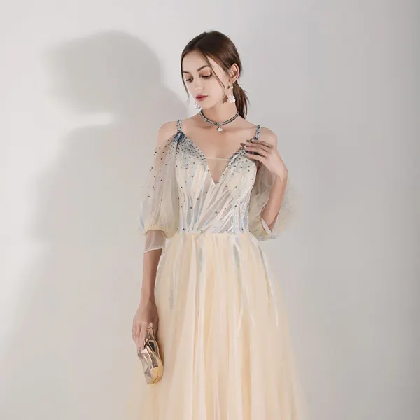 Illusion Champagne Robe De Soirée 2019 Princesse Bretelles Spaghetti Gonflée 3/4 Manches Appliques En Dentelle Perlage Longue Volants Dos Nu Robe De Ceremonie