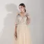 Illusion Champagne Robe De Soirée 2019 Princesse Bretelles Spaghetti Gonflée 3/4 Manches Appliques En Dentelle Perlage Longue Volants Dos Nu Robe De Ceremonie