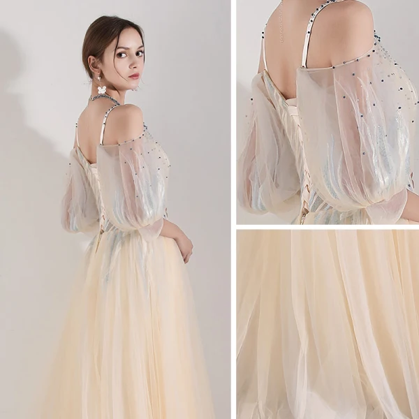 Illusion Champagne Robe De Soirée 2019 Princesse Bretelles Spaghetti Gonflée 3/4 Manches Appliques En Dentelle Perlage Longue Volants Dos Nu Robe De Ceremonie
