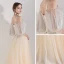Illusion Champagne Robe De Soirée 2019 Princesse Bretelles Spaghetti Gonflée 3/4 Manches Appliques En Dentelle Perlage Longue Volants Dos Nu Robe De Ceremonie