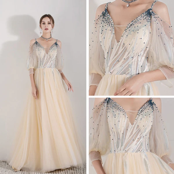 Illusion Champagne Robe De Soirée 2019 Princesse Bretelles Spaghetti Gonflée 3/4 Manches Appliques En Dentelle Perlage Longue Volants Dos Nu Robe De Ceremonie