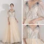 Illusion Champagne Robe De Soirée 2019 Princesse Bretelles Spaghetti Gonflée 3/4 Manches Appliques En Dentelle Perlage Longue Volants Dos Nu Robe De Ceremonie