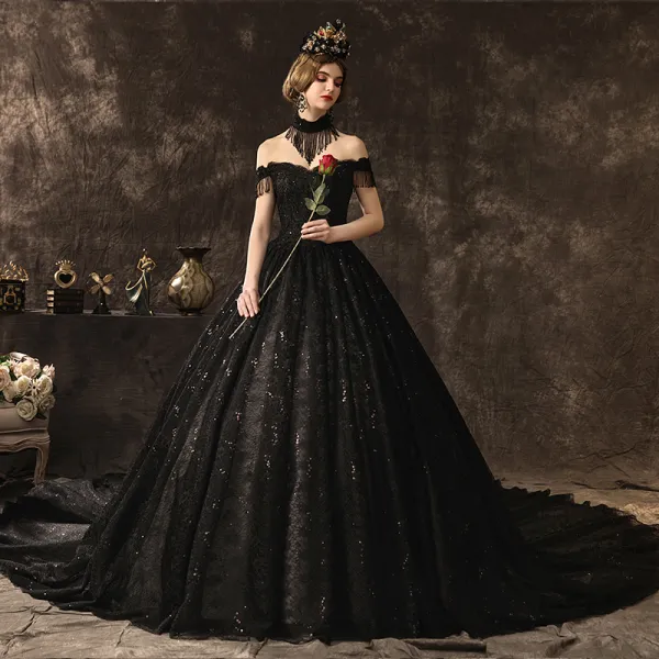Amazing / Unique Stunning Black Lace Wedding Dresses 2019 A-Line / Princess Off-The-Shoulder Short Sleeve Backless Beading Tassel Glitter Sequins Cathedral Train Ruffle