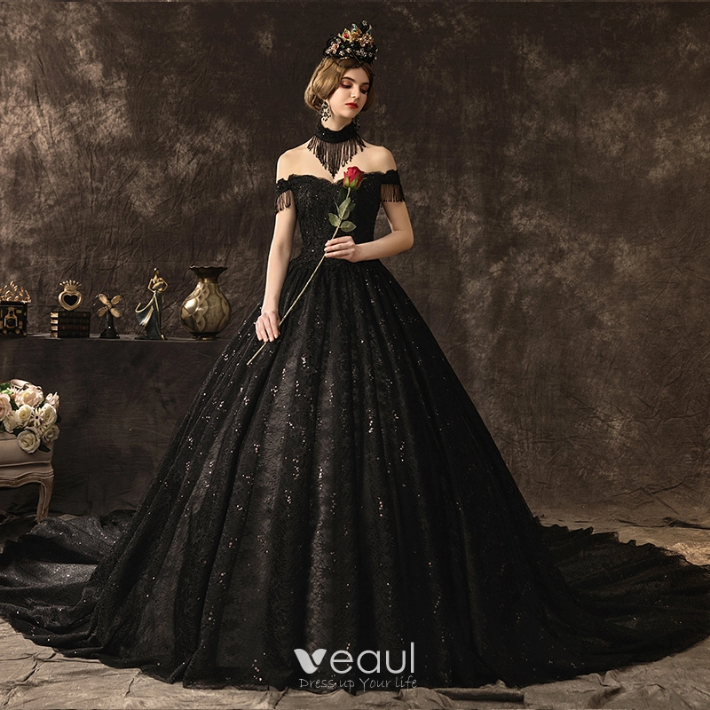 long black and white prom dress Luxury Crystals Black Wedding Dresses Gothic Sweetheart Tulle Quince Dress Black / US14 main image 1