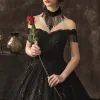 Najpiękniejsze / Ekskluzywne Oszałamiający Czarne Koronkowe Suknie Ślubne 2019 Princessa Przy Ramieniu Kótkie Rękawy Bez Pleców Frezowanie Kutas Cekinami Cekiny Trenem Katedra Wzburzyć