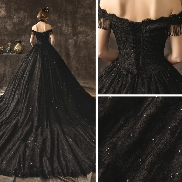 Unique Étourdissant Noire Dentelle Robe De Mariée 2019 Princesse De l'épaule Manches Courtes Dos Nu Perlage Gland Glitter Paillettes Cathedral Train Volants