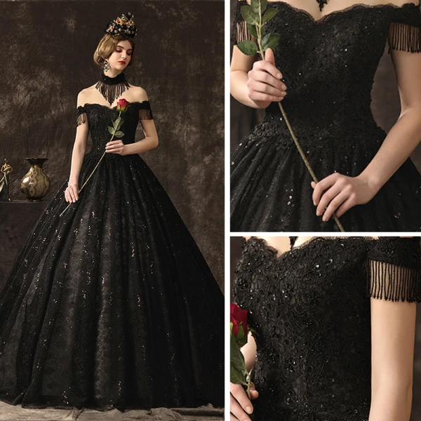 Unique Étourdissant Noire Dentelle Robe De Mariée 2019 Princesse De l'épaule Manches Courtes Dos Nu Perlage Gland Glitter Paillettes Cathedral Train Volants