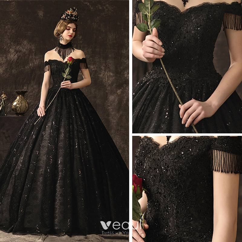 Amazing Unique Stunning Black Lace Wedding Dresses 2019 A Line Princess Off The Shoulder Short Sleeve