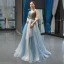 Luxe Bleu Ciel Robe De Soirée 2019 Princesse V-Cou Sans Manches Fait main Perlage Longue Volants Dos Nu Robe De Ceremonie