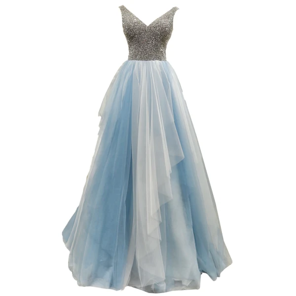 Luxe Bleu Ciel Robe De Soirée 2019 Princesse V-Cou Sans Manches Fait main Perlage Longue Volants Dos Nu Robe De Ceremonie