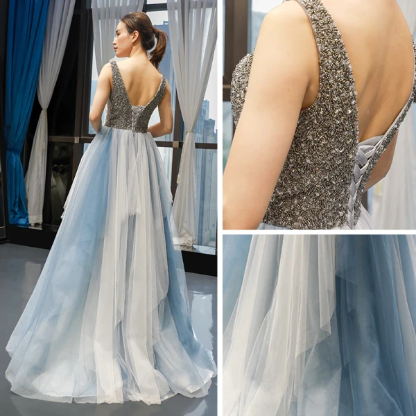 Luxe Bleu Ciel Robe De Soirée 2019 Princesse V-Cou Sans Manches Fait main Perlage Longue Volants Dos Nu Robe De Ceremonie