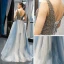 Luxe Bleu Ciel Robe De Soirée 2019 Princesse V-Cou Sans Manches Fait main Perlage Longue Volants Dos Nu Robe De Ceremonie