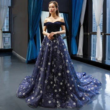 Luxury Gorgeous Navy Blue Suede Evening Dresses 2019 A Line Princess Off The Shoulder Short Sleeve Appliques Lace Star Sequins Chapel Train Ruffle Backless