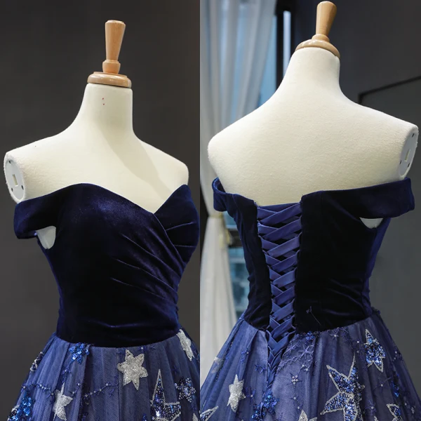 Luxe Bleu Marine Daim Robe De Soirée 2019 Princesse De l'épaule Manches Courtes Appliques En Dentelle Étoile Paillettes Chapel Train Volants Dos Nu