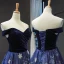 Luxe Bleu Marine Daim Robe De Soirée 2019 Princesse De l'épaule Manches Courtes Appliques En Dentelle Étoile Paillettes Chapel Train Volants Dos Nu