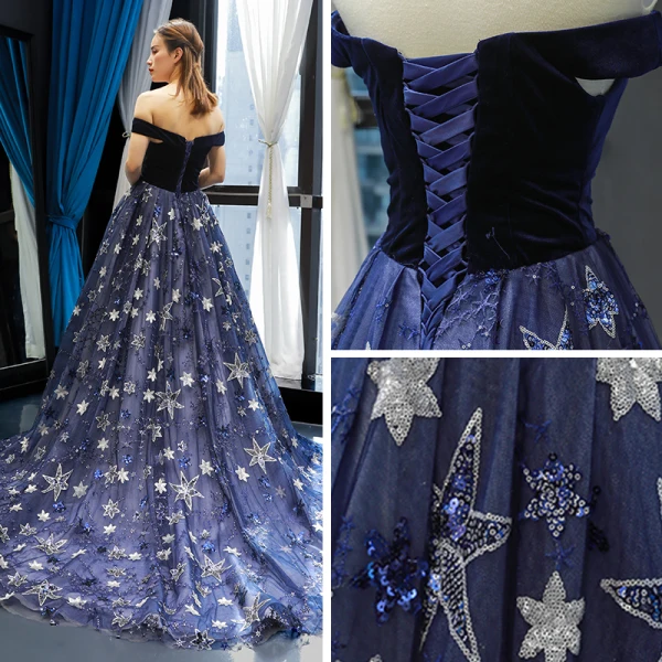 Luxe Bleu Marine Daim Robe De Soirée 2019 Princesse De l'épaule Manches Courtes Appliques En Dentelle Étoile Paillettes Chapel Train Volants Dos Nu