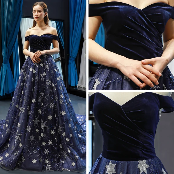 Luxe Bleu Marine Daim Robe De Soirée 2019 Princesse De l'épaule Manches Courtes Appliques En Dentelle Étoile Paillettes Chapel Train Volants Dos Nu