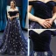 Luxe Bleu Marine Daim Robe De Soirée 2019 Princesse De l'épaule Manches Courtes Appliques En Dentelle Étoile Paillettes Chapel Train Volants Dos Nu