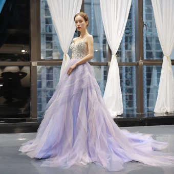 Elegancka Lawenda Sukienki Wieczorowe 2019 Princessa Spaghetti Pasy Bez Rękawów Frezowanie Trenem Sąd Kaskadowe Falbany Bez Pleców Sukienki Wizytowe