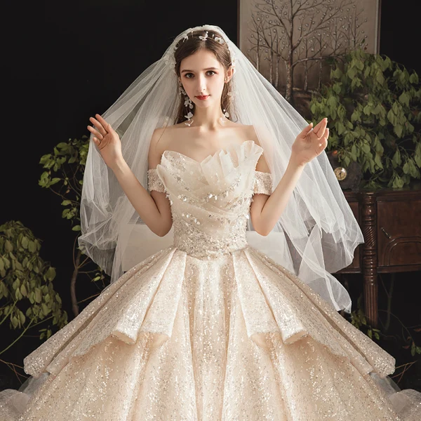 Bling Bling Champagne Wedding Dresses 2019 Ball Gown Off-The-Shoulder Short Sleeve Backless Glitter Sequins Tulle Cathedral Train Ruffle