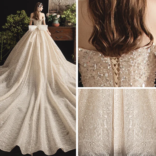 Bling Bling Champagne Wedding Dresses 2019 Ball Gown Off-The-Shoulder Short Sleeve Backless Glitter Sequins Tulle Cathedral Train Ruffle